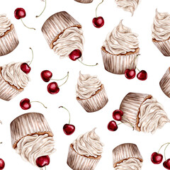 Seamless pattern watercolor sweets cupcake with cherry. Design holidays or wedding pastel colors. Watercolor hand drawing illustration on isolated white background for birthday or Valentines day