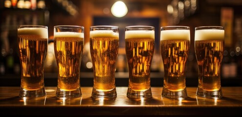 a row of beer glasses lined up in a bar - obrazy, fototapety, plakaty