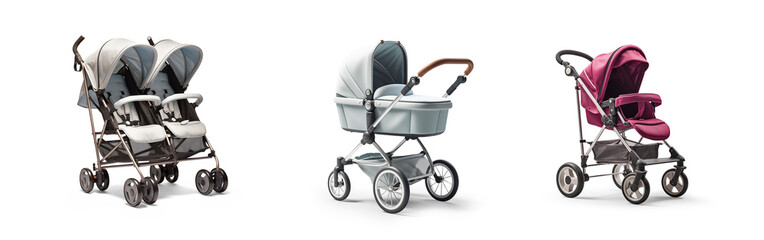 modern set collection of baby stroller pushchair carriage on wheels for babies or children newborn essential care gear in different stylish designs, cutout on isolated transparent png background