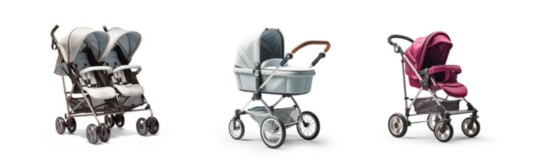 modern set collection of baby stroller pushchair carriage on wheels for babies or children newborn essential care gear in different stylish designs, cutout on isolated transparent png background