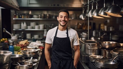 a chef in a bustling kitchen, surrounded by pots and pans, with a confident grin on his face - obrazy, fototapety, plakaty