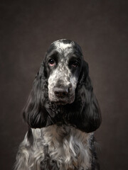 Dog studio captured, a dignified canine portrait. A glossy English Cocker Spaniel against a muted...