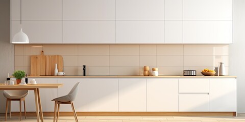 Modern kitchen interior with kitchenware, parquet floor, white facades, beige ceramic tiles on wall