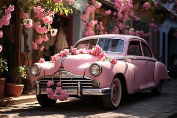 Vintage Pink Car Adorned with Blossoming Flowers