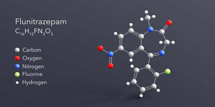 flunitrazepam molecule 3d rendering, flat molecular structure with chemical formula and atoms color coding