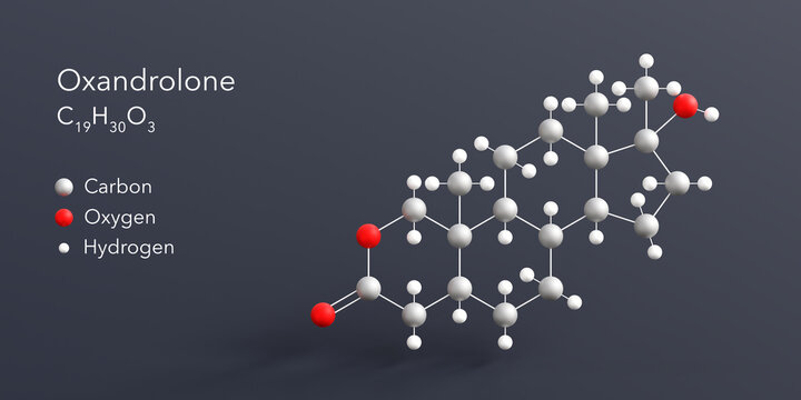 oxandrolone molecule 3d rendering, flat molecular structure with chemical formula and atoms color coding