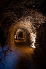 Dimly lit ancient tunnel with textured walls leading into darkness, mysterious underground passage...