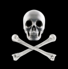 Human skull with crossed bones isolated on black background, pirate flag