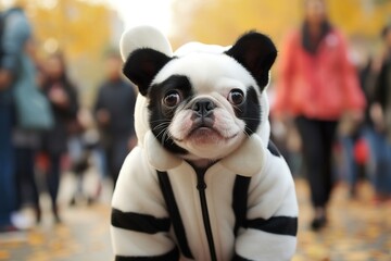 cute boston terrier dresses up as an panda - obrazy, fototapety, plakaty