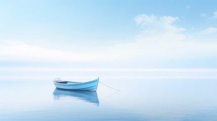  a small boat floating on top of a large body of water under a blue sky with a small white boat in the middle of the water with a rope attached to the front of the boat. - obrazy, fototapety, plakaty