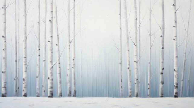  a painting of a group of trees with snow on the ground and one of them is in the foreground and the other is in the background of the picture.