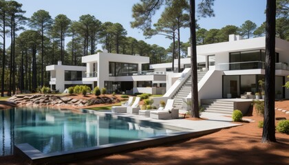 Elegant modern white house with a refreshing pool tucked away in a picturesque forest setting