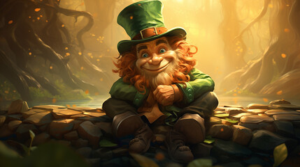 Leprechaun elf symbol of St. Patrick's Day. Cheerful character Irish leprechaun with a red natural beard in a green suit and green hat for advertising. Cosplay at the festival on March 17th. - obrazy, fototapety, plakaty