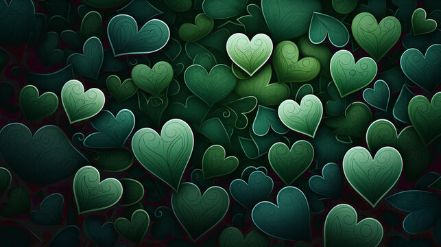 Green valentine background with hearts