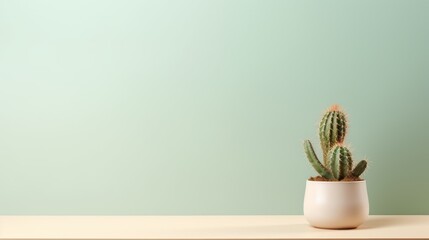  a small cactus in a white pot on a wooden table against a mint green wall with a wooden table and a white vase with a small cactus in the foreground. - obrazy, fototapety, plakaty