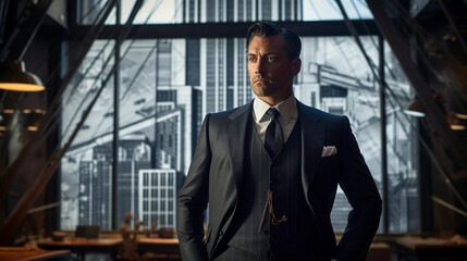 architect portrait, standing by blueprints, against a backdrop of the Empire State Building