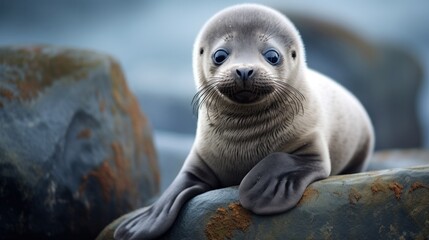 Naklejka premium a close up of a seal on a rock with a blurry background and a blue - eyed seal in the foreground, with its paws on the edge of the rock.