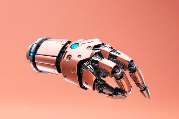 Cyborg robotic hand pointing on velvety peach color background. Trending color concept of the year 2024 Peach Fuzz.
