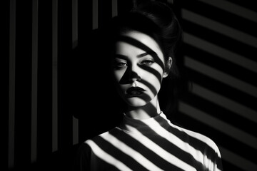 Monochromatic post-modern portrait, high-contrast black and white, sharp angles and shadows