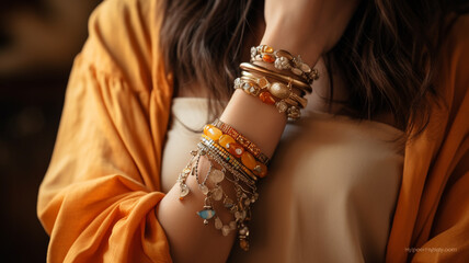 female hand with golden bracelets - obrazy, fototapety, plakaty