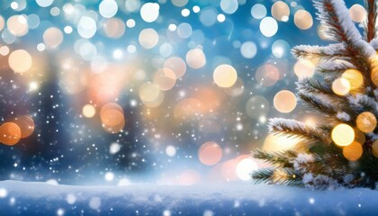 Obraz na płótnie Canvas snowy winter christmas bokeh background with circular lights and trees