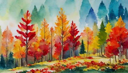 autumn forest landscape colorful watercolor painting of fall season red and yellow trees beautiful...