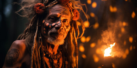 Mystical shaman portrait, face adorned with glowing runes, eyes ablaze with fire