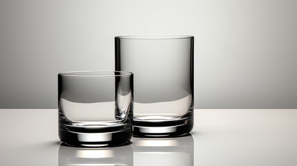  a couple of glasses sitting on top of a table next to each other on top of a white table with a gray wall in the background and a white floor.