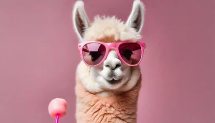 Rolgordijnen Lama cute lama alpaca with bubblegum in trendy pink sunglasses on pink background with copyspace generative ai