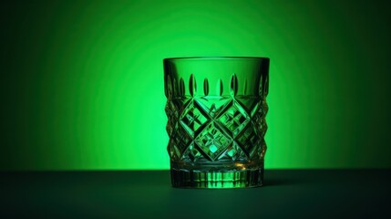 Fototapeta na wymiar a green glass sitting on a table in front of a green background with a light reflecting on the glass and the glass has a diamond pattern in the middle of the glass.