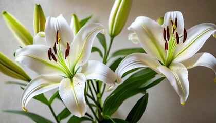 Fototapeta na wymiar beautiful white lilies on light background symbol of gentleness purity and virtue closeup digital ai