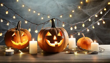 halloween jack o lanterns candles and string lights on wooden table