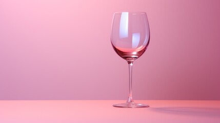  a close up of a wine glass on a table with a pink back ground and a pink wall behind the glass is a half empty wine glass and half empty.