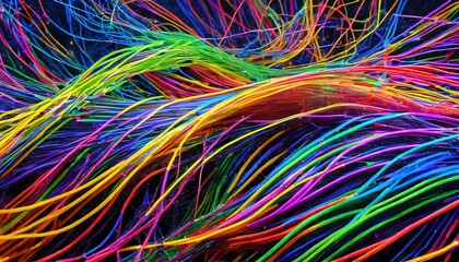 colorful optic fiber electrical cables wires neon waves lines abstract 3d ai design background pattern glow colored streams information optical connection internet web multicolor data led technology