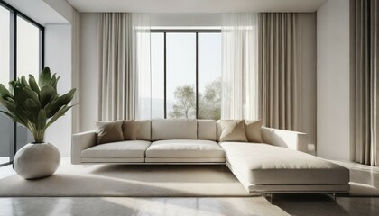 modern minimal clean clear contemporary living room home interior design daylight background beige white sofa couch in living room daylight from window freshness moment mock up interior generative ai