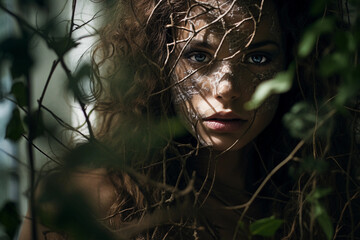Obraz premium organic materials, subject's face partially obscured by branches and leaves