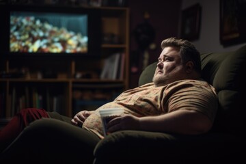 side view of a fat man watching television sitting on sofa eating popcorn