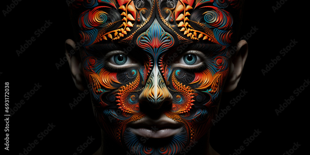 Poster surreal portrait with fractal face, infinite geometric patterns replacing facial features, kaleidosc