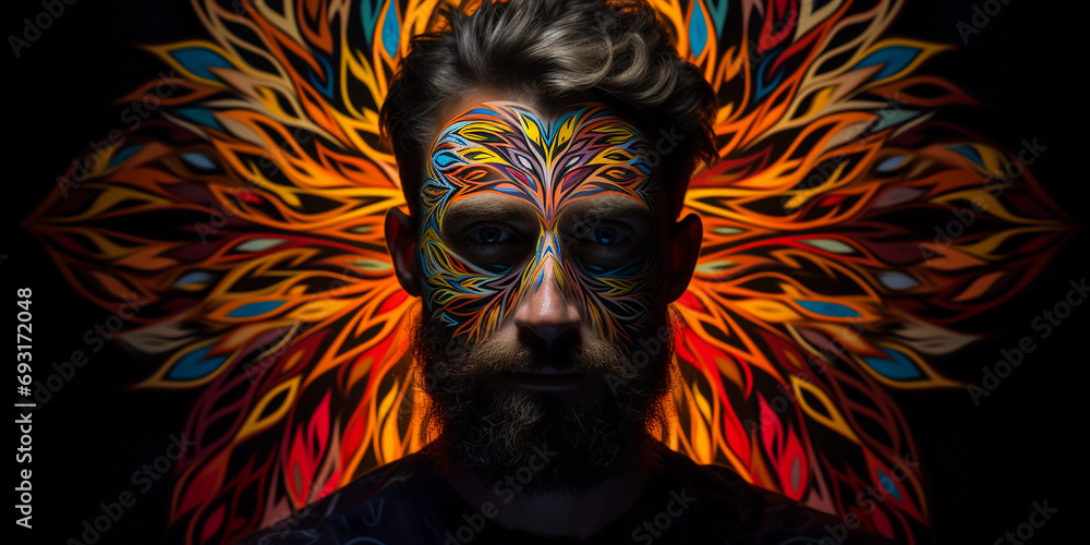 Poster surreal portrait with fractal face, infinite geometric patterns replacing facial features, kaleidosc