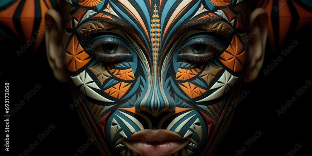 Poster surreal portrait with fractal face, infinite geometric patterns replacing facial features, kaleidosc