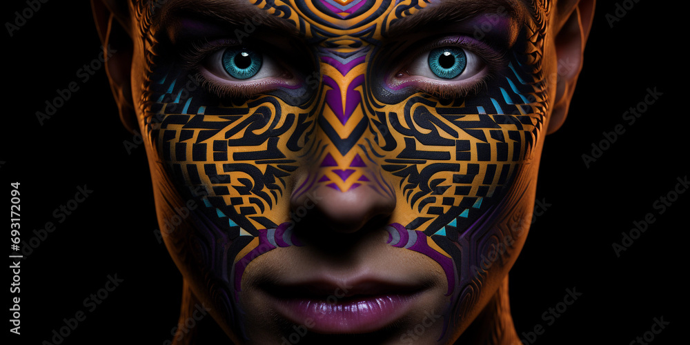 Poster surreal portrait with fractal face, infinite geometric patterns replacing facial features, kaleidosc
