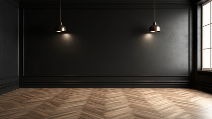 Beautiful entirior background for presentation black wall and wooden floor