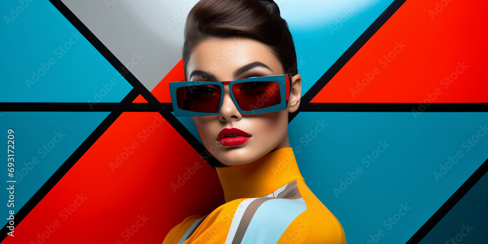 Poster abstract post-modern portrait, fragmented composition with cubist influences, bold color blocks
