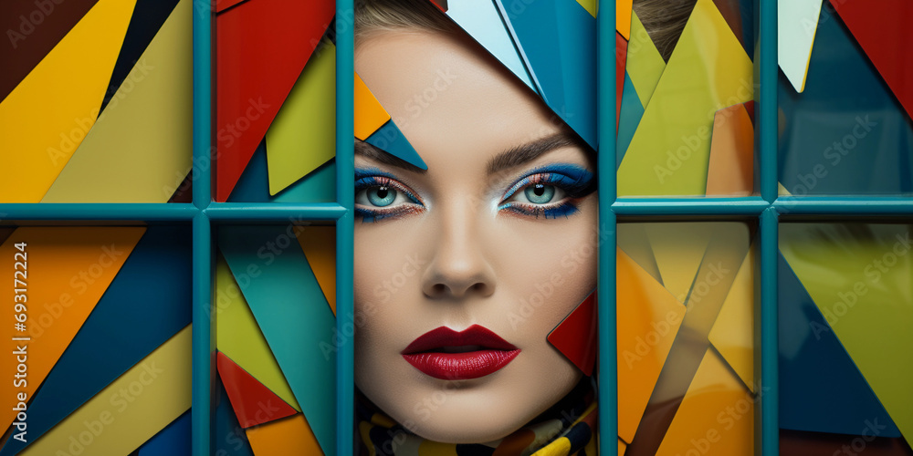 Poster abstract post-modern portrait, fragmented composition with cubist influences, bold color blocks
