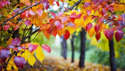 beautiful yellow red and orange leaves in an autumn park on a br - obrazy, fototapety, plakaty