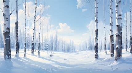  a painting of a snowy landscape with trees in the foreground and a blue sky in the background with white clouds in the middle of the sky and bottom right. - obrazy, fototapety, plakaty