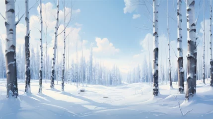 Fotobehang  a painting of a snowy landscape with trees in the foreground and a blue sky in the background with white clouds in the middle of the sky and bottom right. © Anna