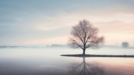  a lone tree in the middle of a body of water with a foggy sky in the background and a lone tree in the middle of the water in the foreground.
