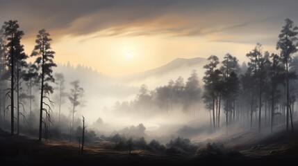  a painting of a foggy forest with trees in the foreground and the sun in the distance, with a hazy sky in the middle of the foreground.