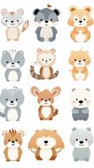 Funny cute bears and animals on a white background, illustration